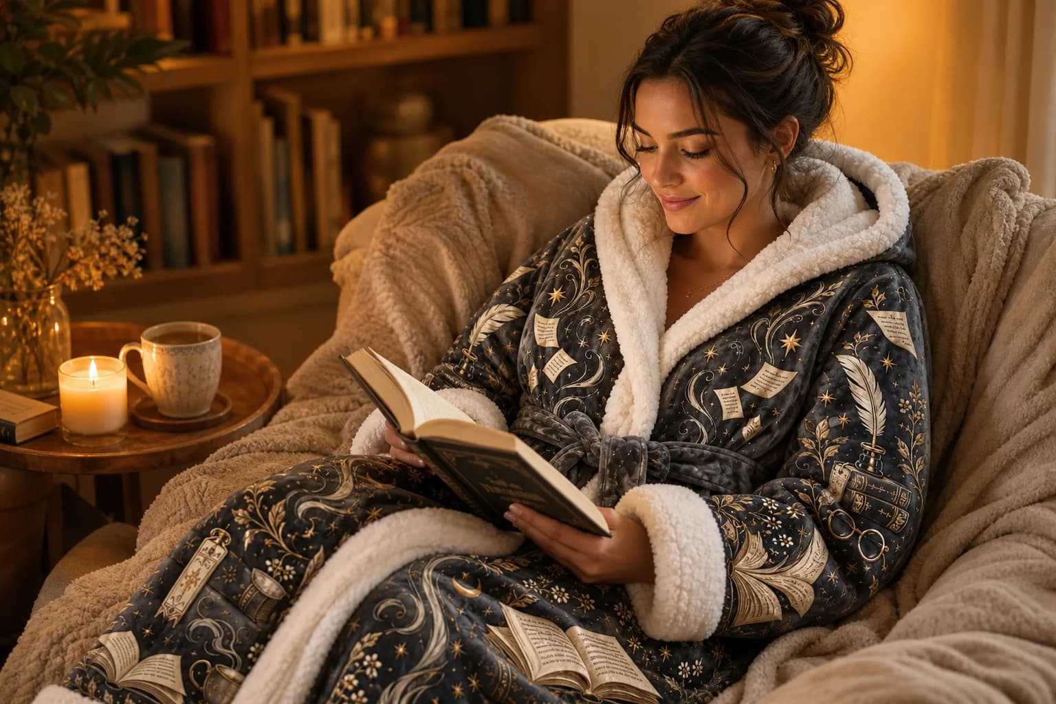 Reader curled up on a sofa wearing the Bookish Heat Robe